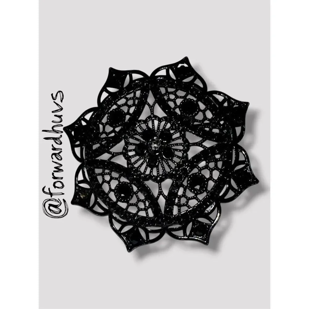Black Mandala‑Style Brooch with Rhinestone Center